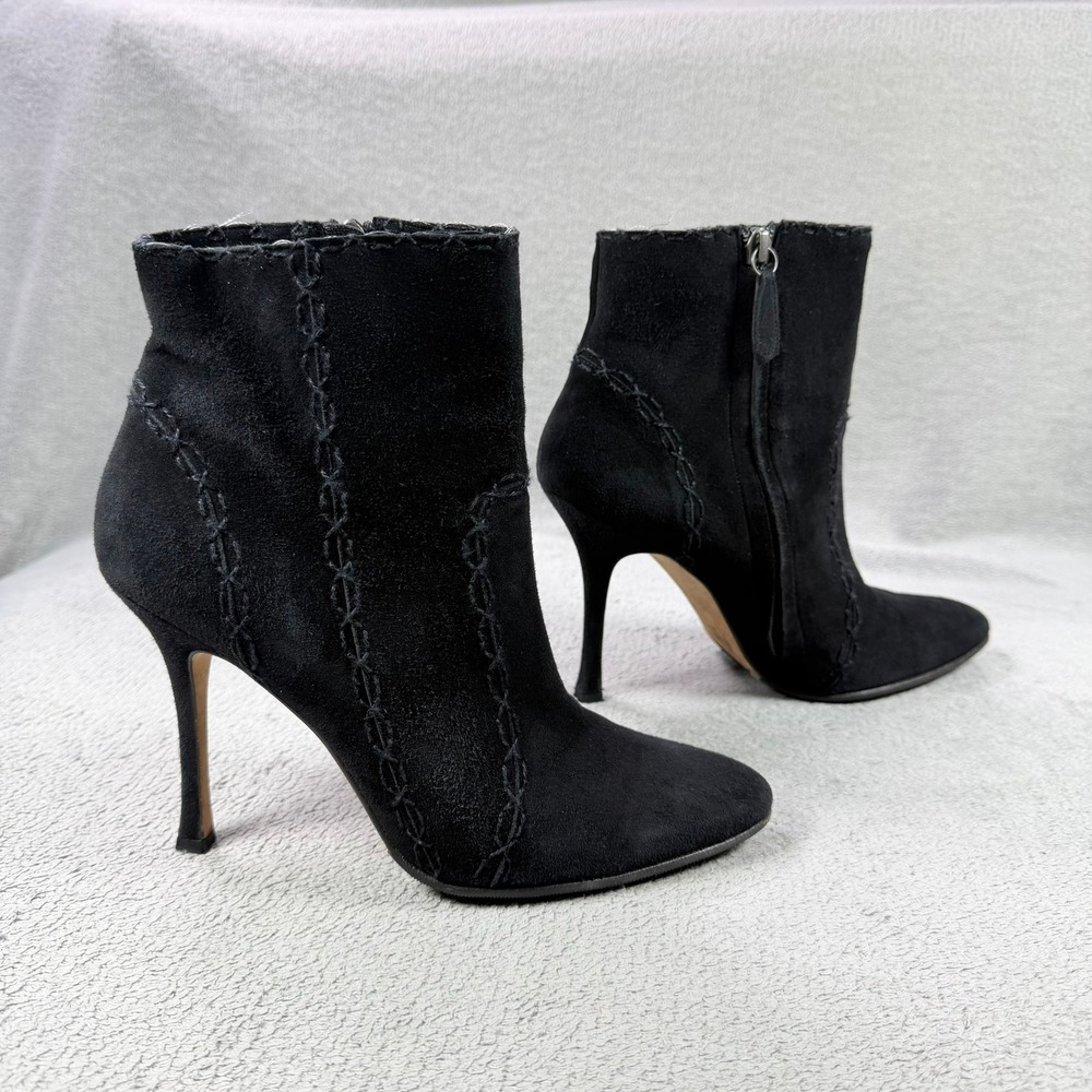 Manolo Blahnik Womens 39 Black Suede Whipstitch Pointed Toe Stiletto Ankle Boots